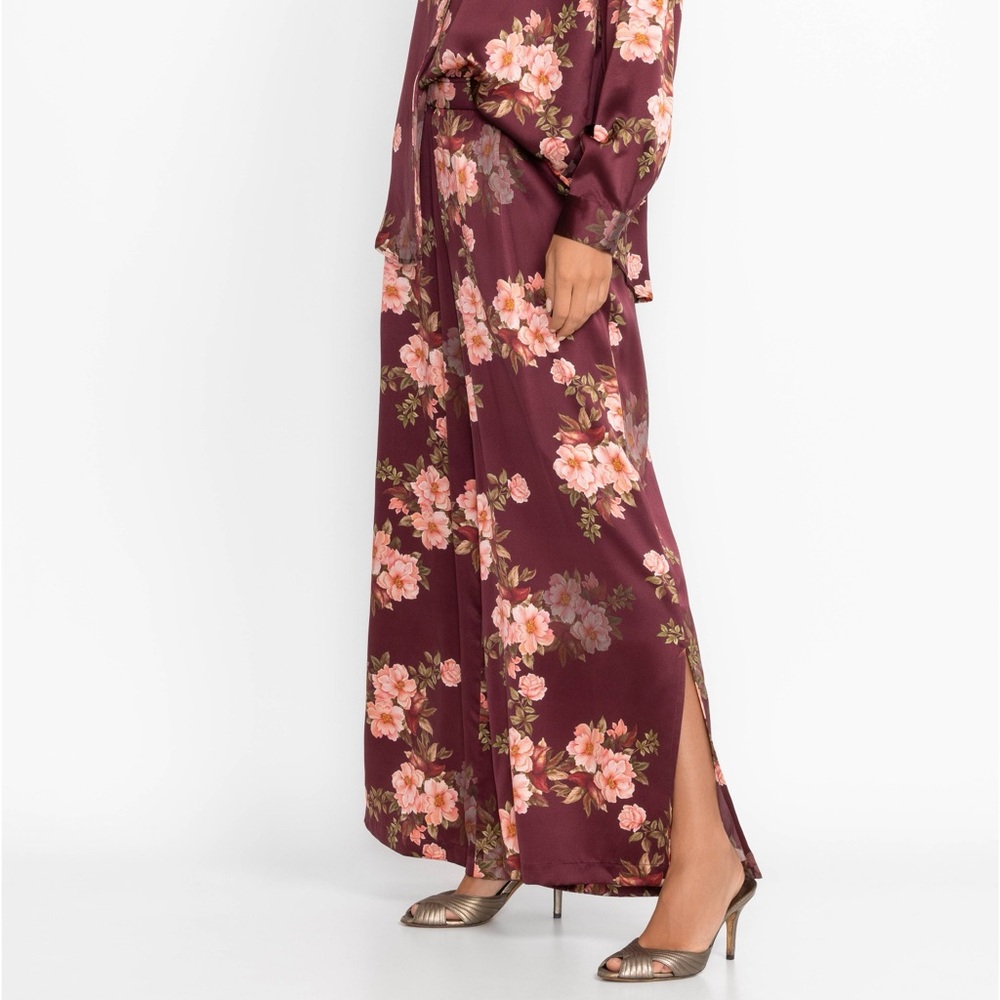 New! JOHNNY WAS Winonna Silk Easy Pants Burgundy Floral Flowy Pull On Size XL